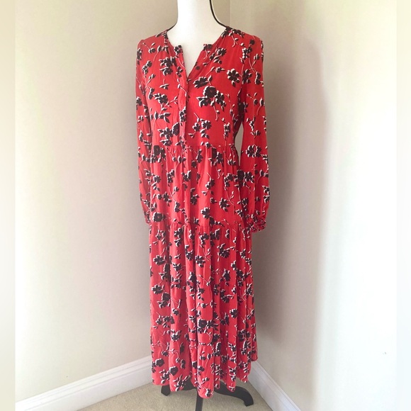 Zara Angel Red Floral Tiered Skirt Long Puff Sleeves Maxi Dress Size S - Picture 5 of 12